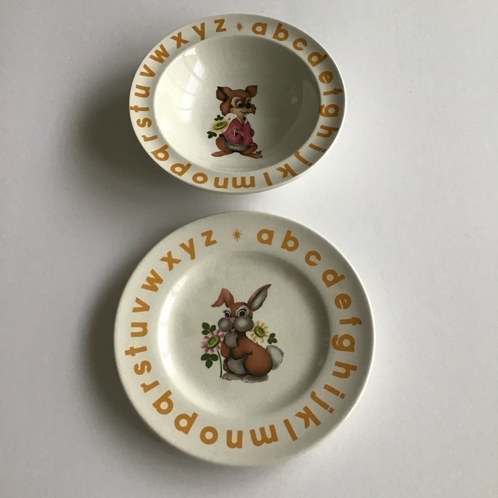 Child’s Alphabet Plate & Bowl England Woods & Sons Nursery Rhyme Bunny Vintage - Picture 16 of 16